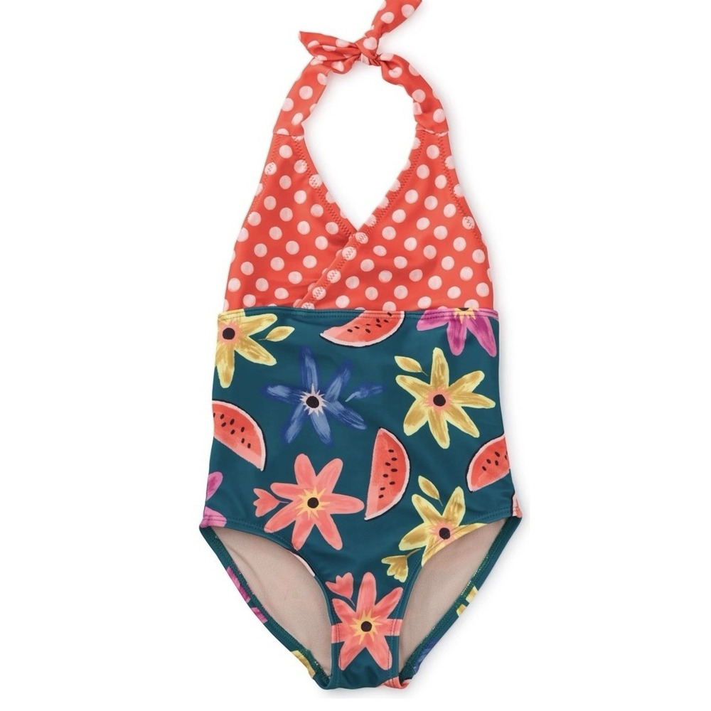 Tea Collection Girls Size 6 One Piece Swimsuit Polka Dot Floral Watermelon Swim